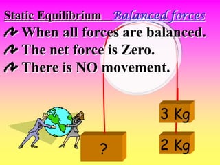 Static Equilibrium Balanced forces
  When all forces are balanced.
  The net force is Zero.
  There is NO movement.


                          3 Kg

                ?         2 Kg
 
