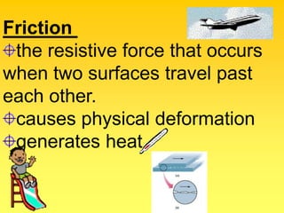 Friction
 the resistive force that occurs
when two surfaces travel past
each other.
 causes physical deformation
 generates heat
 