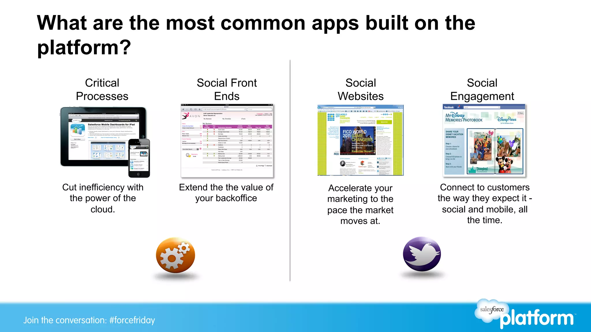 Join the conversation: #forcewebinarJoin the conversation: #forcefriday
What are the most common apps built on the
platform?
Social
Engagement
Critical
Processes
Social
Websites
Social Front
Ends
Extend the the value of
your backoffice
Cut inefficiency with
the power of the
cloud.
Accelerate your
marketing to the
pace the market
moves at.
Connect to customers
the way they expect it -
social and mobile, all
the time.
 