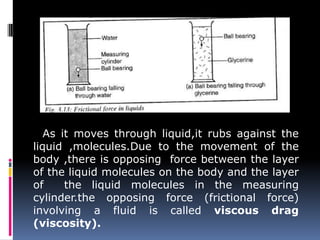 As it moves through liquid,it rubs against the
liquid ,molecules.Due to the movement of the
body ,there is opposing force between the layer
of the liquid molecules on the body and the layer
of the liquid molecules in the measuring
cylinder.the opposing force (frictional force)
involving a fluid is called viscous drag
(viscosity).
 