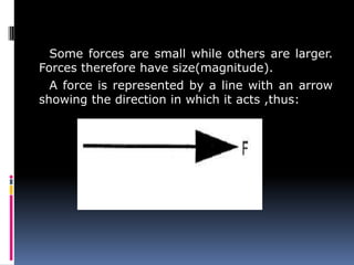 Some forces are small while others are larger.
Forces therefore have size(magnitude).
A force is represented by a line with an arrow
showing the direction in which it acts ,thus:
 