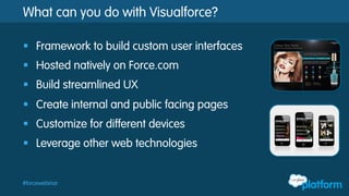 Model View Controller (MVC) Pattern
Visualforce Pages
Visualforce Components
Standard Controllers
Apex Controllers
Custom UI
Custom Logic
Standard Objects
Custom Objects
 