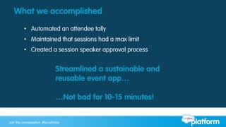 Join the conversation: #forcewebinarJoin the conversation: #forcefriday
What we accomplished
•  Automated an attendee tally
•  Maintained that sessions had a max limit
•  Created a session speaker approval process
Streamlined a sustainable and
reusable event app…
…Not bad for 10-15 minutes!
 