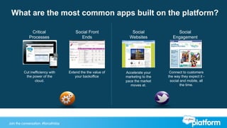Join the conversation: #forcewebinarJoin the conversation: #forcefriday
What are the most common apps built on the platform?
Social
Engagement
Critical
Processes
Social
Websites
Social Front
Ends
Extend the the value of
your backoffice
Cut inefficiency with
the power of the
cloud.
Accelerate your
marketing to the
pace the market
moves at.
Connect to customers
the way they expect it -
social and mobile, all
the time.
 