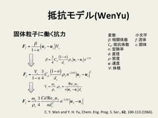 抵抗モデル(WenYu)	
β =
3
4
Cd
1− n( )
ds
ρf uf −us n−2.65
小文字	
  
f:	
  流体	
  
s:	
  固体	
変数	
  
β:	
  相関係数	
  
Cd:	
  抵抗係数	
  
n:	
  空隙率	
  
d:	
  直径	
  
ρ:	
  密度	
  
u:	
  速度	
  
V: 体積	
固体粒子に働く抗力	
Ff =
β
1− n
uf −us( )Vs
C.	
  Y.	
  Wen	
  and	
  Y.	
  H.	
  Yu,	
  Chem.	
  Eng.	
  Prog.	
  S.	
  Ser.,	
  62,	
  100-­‐113	
  (1966).	
Ff =
Vs
1− n
3
4
Cd
1− n( )
ds
ρf n−2.65
uf −us
2
Ff =
ms
ρs
3
4
Cd Res µf
nds
2
n−2.65
uf −us
Vs =
ms
ρs
,ρf =
Res µf
n uf −us ds
 
