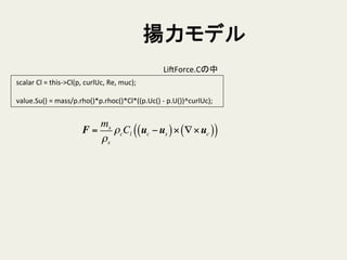揚力モデル	
	
  scalar	
  Cl	
  =	
  this-­‐>Cl(p,	
  curlUc,	
  Re,	
  muc);	
  
	
  
	
  value.Su()	
  =	
  mass/p.rho()*p.rhoc()*Cl*((p.Uc()	
  -­‐	
  p.U())^curlUc);	
LiSForce.Cの中	
F =
ms
ρs
ρcCl uc −us( )× ∇×uc( )( )
 