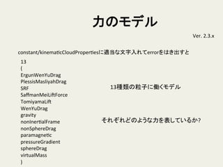 力のモデル	
Ver.	
  2.3.x	
13	
  
(	
  
ErgunWenYuDrag	
  
PlessisMasliyahDrag	
  
SRF	
  
SaﬀmanMeiLiSForce	
  
TomiyamaLiS	
  
WenYuDrag	
  
gravity	
  
nonInerHalFrame	
  
nonSphereDrag	
  
paramagneHc	
  
pressureGradient	
  
sphereDrag	
  
virtualMass	
  
)	
constant/kinemaHcCloudProperHesに適当な文字入れてerrorをはき出すと	
13種類の粒子に働くモデル	
それぞれどのような力を表しているか?	
 