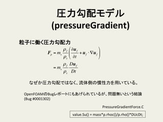 圧力勾配モデル	
  
(pressureGradient)	
Fp = ms
ρf
ρs
∂uf
∂t
+uf ⋅∇uf
!
"
#
$
%
&
= ms
ρf
ρs
Duf
Dt
粒子に働く圧力勾配力	
なぜか圧力勾配ではなく、流体側の慣性力を用いている。	
OpenFOAMのBugレポートにもあげられているが、問題無いという結論	
  
(Bug	
  #0001302)	
	
  value.Su()	
  =	
  mass*p.rhoc()/p.rho()*DUcDt;	
PressureGradientForce.C	
  	
 