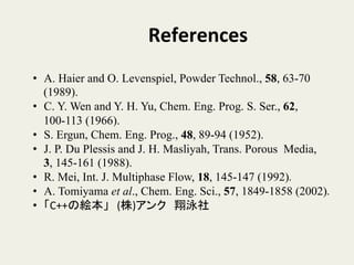 References	
•  A. Haier and O. Levenspiel, Powder Technol., 58, 63-70
(1989).
•  C. Y. Wen and Y. H. Yu, Chem. Eng. Prog. S. Ser., 62,
100-113 (1966).
•  S. Ergun, Chem. Eng. Prog., 48, 89-94 (1952).	
•  J. P. Du Plessis and J. H. Masliyah, Trans. Porous Media,
3, 145-161 (1988).
•  R. Mei, Int. J. Multiphase Flow, 18, 145-147 (1992).
•  A. Tomiyama et al., Chem. Eng. Sci., 57, 1849-1858 (2002).
•  「C++の絵本」　(株)アンク　翔泳社	
 