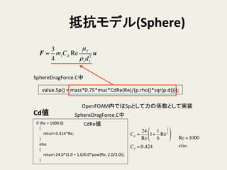 抵抗モデル(Sphere)	
F =
3
4
msCd Re
µf
ρsds
2
u
	
  value.Sp()	
  =	
  mass*0.75*muc*CdRe(Re)/(p.rho()*sqr(p.d()));	
SphereDragForce.C中	
OpenFOAM内ではSpとして力の係数として実装	
	
  if	
  (Re	
  >	
  1000.0)	
  
	
  	
  	
  	
  {	
  
	
  	
  	
  	
  	
  	
  	
  	
  return	
  0.424*Re;	
  
	
  	
  	
  	
  }	
  
	
  	
  	
  	
  else	
  
	
  	
  	
  	
  {	
  
	
  	
  	
  	
  	
  	
  	
  	
  return	
  24.0*(1.0	
  +	
  1.0/6.0*pow(Re,	
  2.0/3.0));	
  
	
  	
  	
  	
  }	
Re <1000
else.
Cd =
24
Re
1+
1
6
Re
2
3
!
"
#
$
%
&
Cd = 0.424
Cd値	
CdRe値	
SphereDragForce.C中	
 
