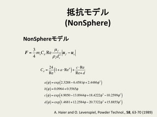 抵抗モデル
(NonSphere)	
Cd =
24
Re
1+ a⋅Reb
( )+
c⋅Re
Re+ d
NonSphereモデル	
A.	
  Haier	
  and	
  O.	
  Levenspiel,	
  Powder	
  Technol.,	
  58,	
  63-­‐70	
  (1989)	
a φ( )= exp 2.3288− 6.4581φ + 2.4486φ2
( )
b φ( )= 0.0964+ 0.5565φ
c φ( )= exp 4.9050 −13.8944φ +18.4222φ2
−10.2599φ3
( )
d φ( )= exp 1.4681+12.2584φ − 20.7322φ2
+15.8855φ3
( )
F =
3
4
msCd Re
µf
ρsds
2
uf −us
 