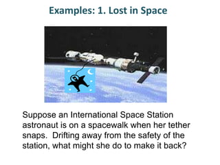 Examples: 1. Lost in Space

Suppose an International Space Station
astronaut is on a spacewalk when her tether
snaps. Drifting away from the safety of the
station, what might she do to make it back?

 
