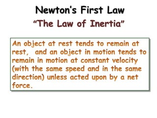 Newton’s First Law
“The Law of Inertia”

 