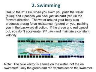 2. Swimming
Due to the 3rd Law, when you swim you push the water
(blue), and it pushes you back just as hard (red) in the
forward direction. The water around your body also
produces a drag force-resistance- (green) on you, pushing
you in the backward direction. If the green and red cancel
out, you don’t accelerate (2nd Law) and maintain a constant
velocity.

Note: The blue vector is a force on the water, not the on
swimmer! Only the green and red vectors act on the swimmer.

 