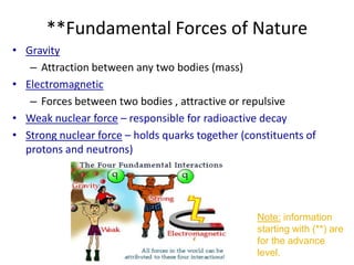 **Fundamental Forces of Nature
• Gravity
– Attraction between any two bodies (mass)
• Electromagnetic
– Forces between two bodies , attractive or repulsive
• Weak nuclear force – responsible for radioactive decay
• Strong nuclear force – holds quarks together (constituents of
protons and neutrons)

Note: information
starting with (**) are
for the advance
level.

 