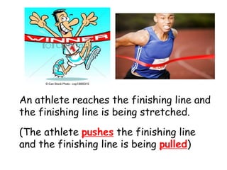 An athlete reaches the finishing line and
the finishing line is being stretched.
(The athlete pushes the finishing line
and the finishing line is being pulled)
 