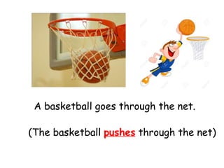A basketball goes through the net.
(The basketball pushes through the net)
 