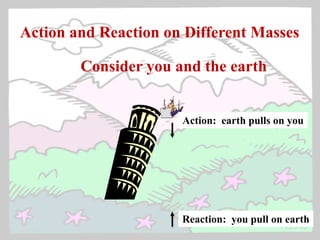 Action: earth pulls on you
Reaction: you pull on earth
Action and Reaction on Different Masses
Consider you and the earth
 