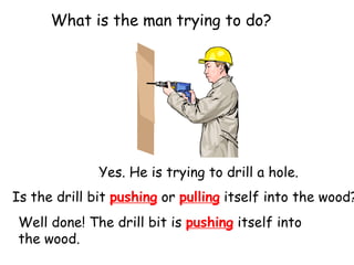 What is the man trying to do?
Yes. He is trying to drill a hole.
Is the drill bit pushing or pulling itself into the wood?
Well done! The drill bit is pushing itself into
the wood.
 