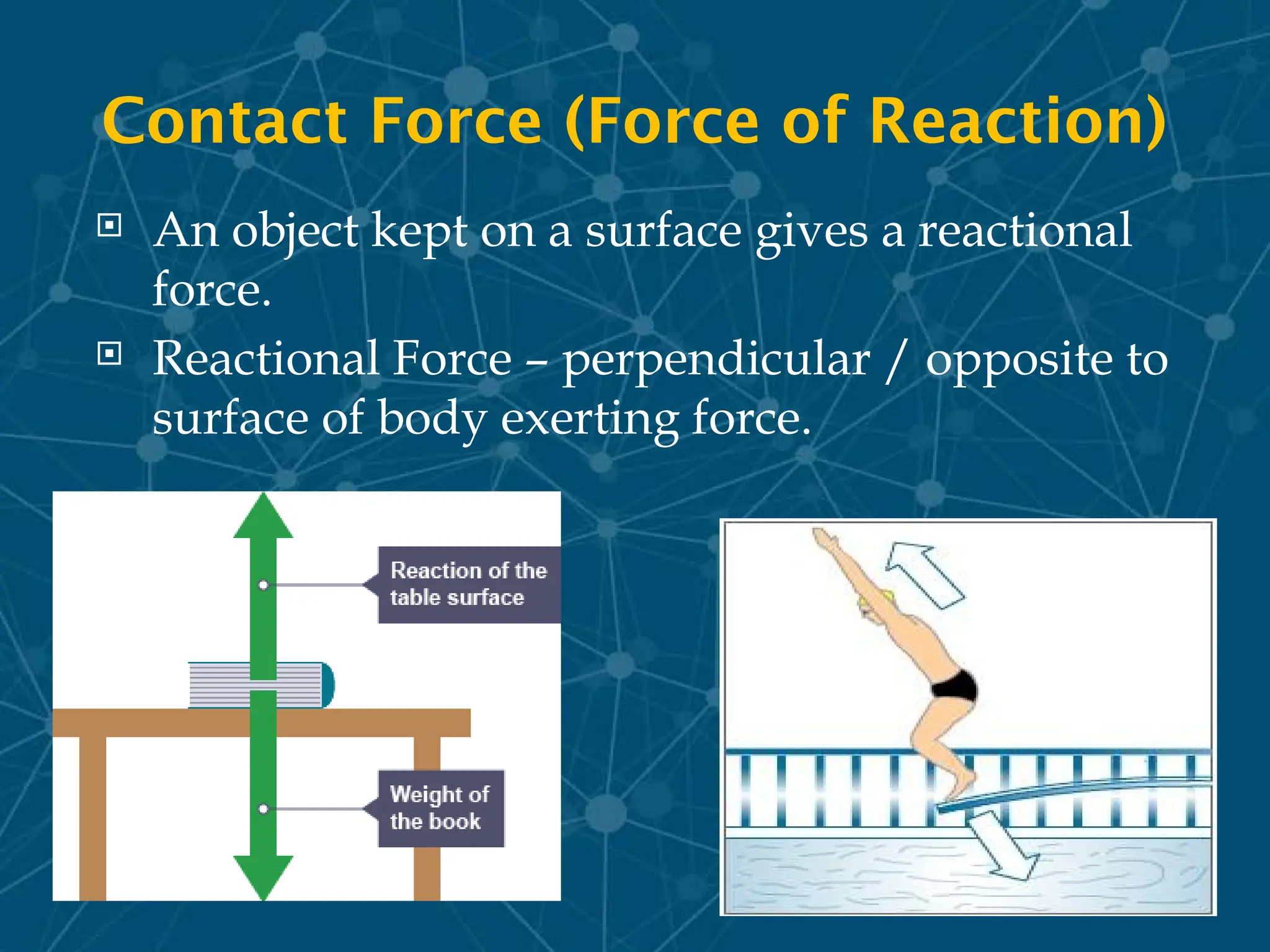 Contact Force (Force of Reaction)
 An object kept on a surface gives a reactional
force.
 Reactional Force – perpendicular / opposite to
surface of body exerting force.
 