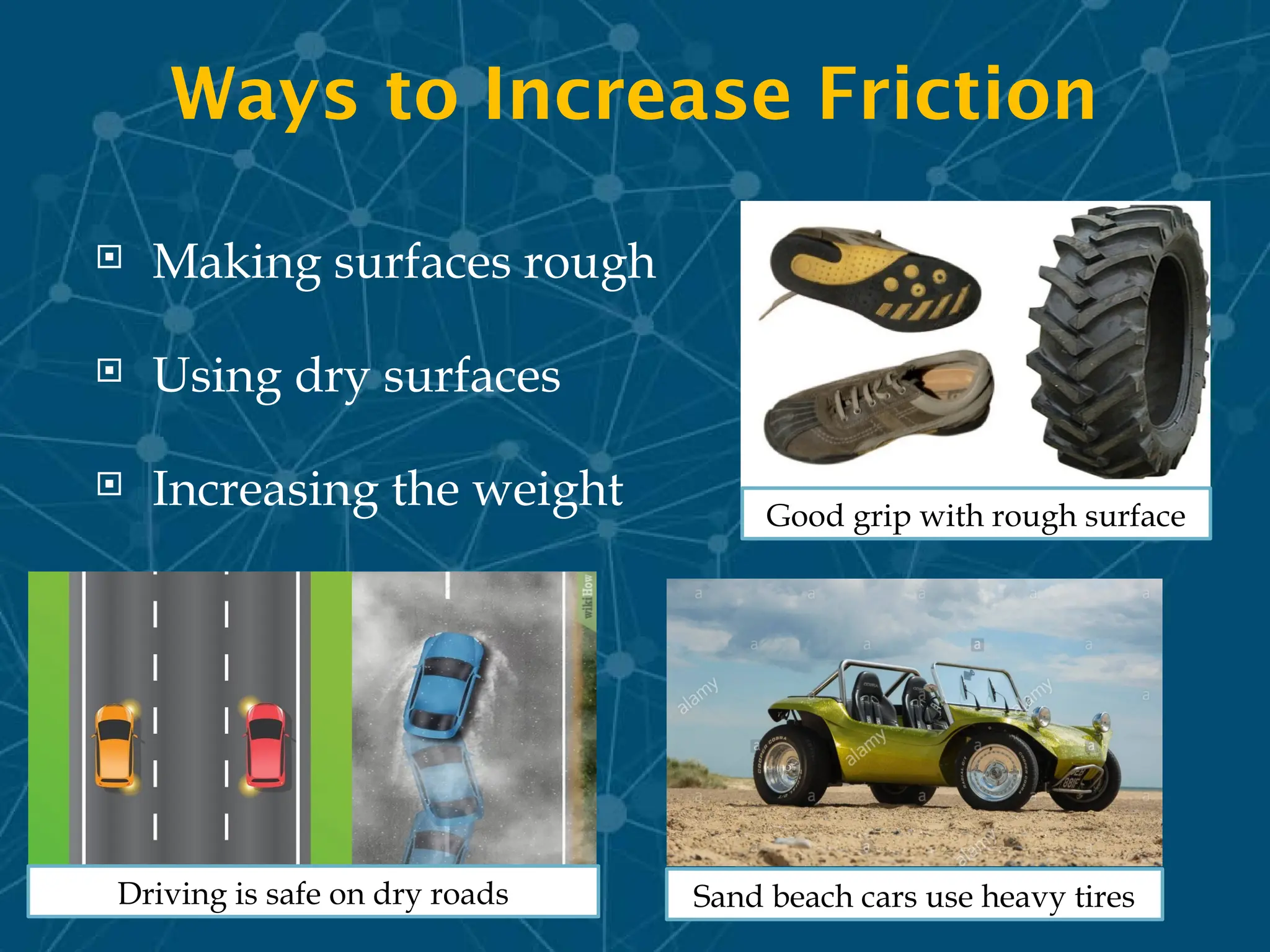  Making surfaces rough
 Using dry surfaces
 Increasing the weight
Ways to Increase Friction
Good grip with rough surface
Driving is safe on dry roads Sand beach cars use heavy tires
 