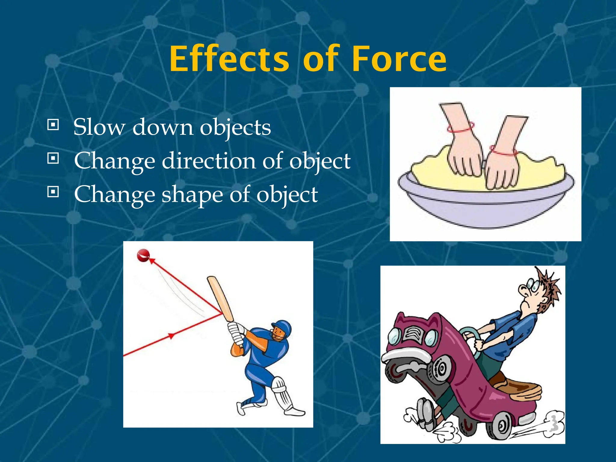 Effects of Force
 Slow down objects
 Change direction of object
 Change shape of object
 