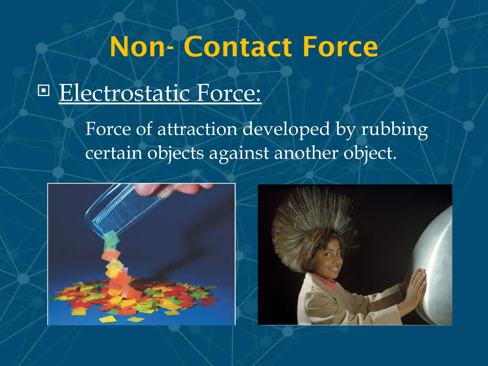 Non- Contact Force
 Electrostatic Force:
Force of attraction developed by rubbing
certain objects against another object.
 