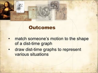 Outcomes match someone’s motion to the shape of a dist-time graph draw dist-time graphs to represent various situations  