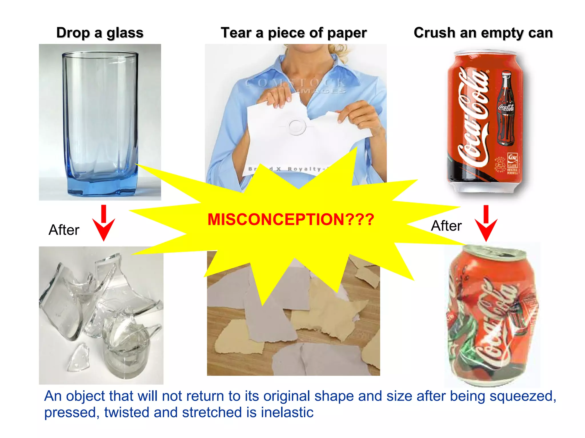 Drop a glass After After Tear a piece of paper After Crush an empty can An object that will not return to its original shape and size after being squeezed, pressed, twisted and stretched is inelastic MISCONCEPTION??? 