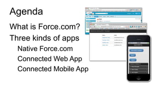 Agenda
What is Force.com?
Three kinds of apps
  Native Force.com
  Connected Web App
  Connected Mobile App
 