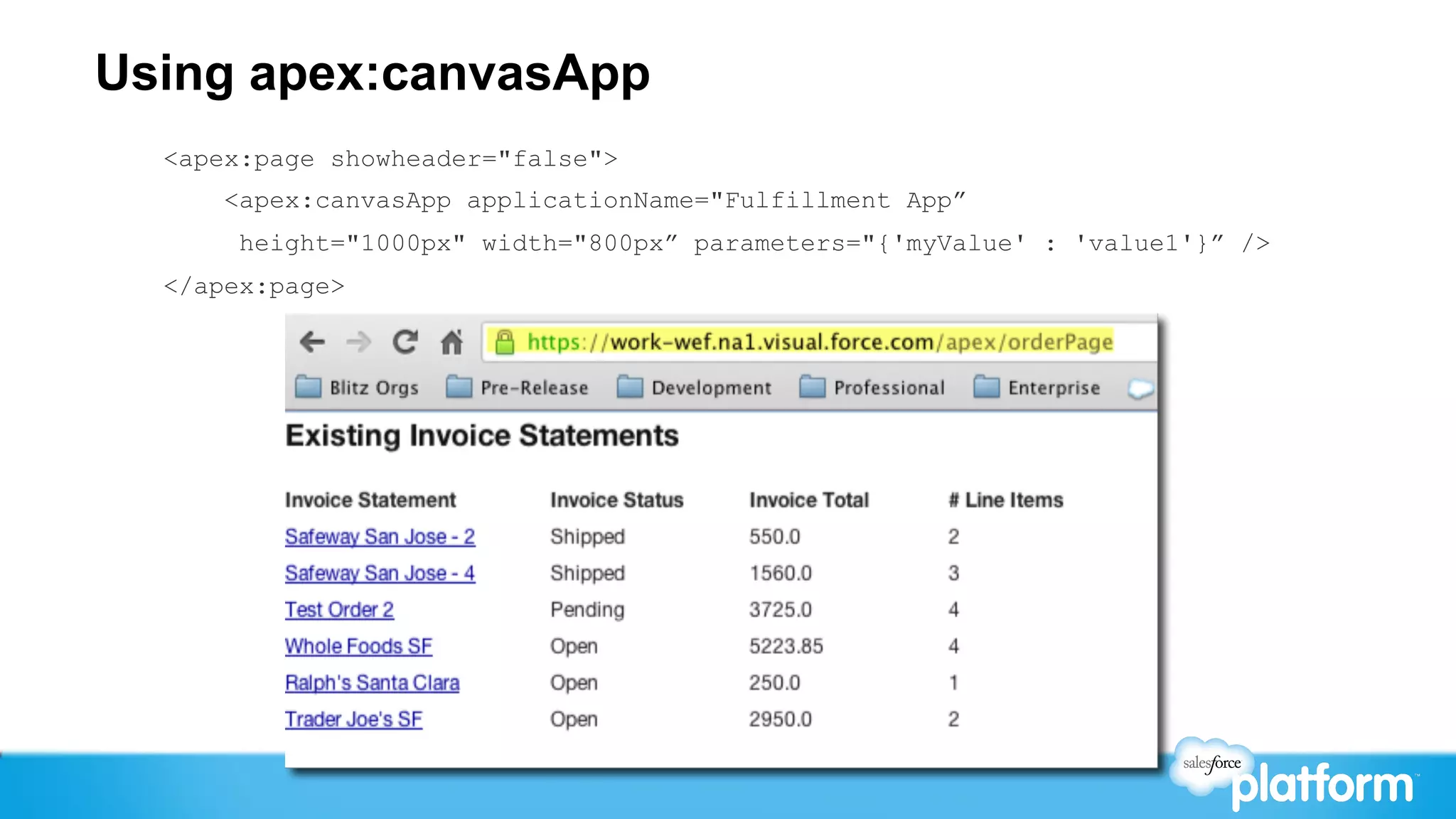 Using apex:canvasApp
  <apex:page showheader="false">
      <apex:canvasApp applicationName="Fulfillment App”
       height="1000px" width="800px” parameters="{'myValue' : 'value1'}” />
  </apex:page>
 