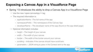 Exposing a Canvas App in a Visualforce Page
§  Spring ‘13 introduces the ability to drop a Canvas App in a Visualforce Page
    •  Use the new <apex:canvasApp /> tag
    •  The required information is:
         –  applicationName –The full name of the app
         –  namespacePrefix – The namespace of the Canvas App
         –  developerName – The developer name of the app (found on the app detail page)
    •  Optional information includes:
         –  height – The height of your canvas
         –  width – The width of your canvas
         –  border – The width of the border around your canvas
         –  scrolling – Indicates if the canvas should have scroll bars
         –  parameters – JSON string to pass in the Context sent to the app
 
