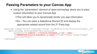 Passing Parameters to your Canvas App
      §  Using the “parameters” element of apex:canvasApp alows you to pass
          custom information to your Canvas App
           § This will allow you to dynamically render you app information
           § Ex – You can pass a Salesforce Record ID and display the
              appropriate related record from the 3rd Party App
<apex:page sidebar="false" showheader="false" standardController="Invoice_Statement__c">
    <apex:canvasApp developerName="denv_warehouse"
          parameters="{'orderId':'{!Invoice_Statement__c.id}','name':
          '{!HTMLENCODE(Invoice_Statement__c.name)}'}" width="800px" height="380px"
          scrolling="false"/>
</apex:page>
 