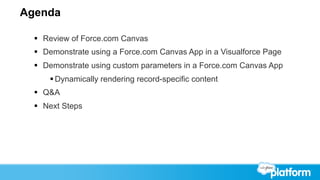 Agenda

  §  Review of Force.com Canvas
  §  Demonstrate using a Force.com Canvas App in a Visualforce Page
  §  Demonstrate using custom parameters in a Force.com Canvas App
      § Dynamically rendering record-specific content
  §  Q&A
  §  Next Steps
 