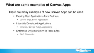 What are some examples of Canvas Apps

 There are many examples of how Canvas Apps can be used
    §  Existing Web Applications from Partners
       §  Concur Trips, Event Applications
    §  Internally Developed Applications
       §  Intranets, Service Ticket Applications

    §  Enterprise Systems with Web Front-Ends
       §  SAP, Sharepoint
 