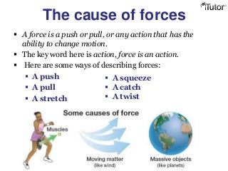 The cause of forces
 A force is a push or pull, or any action that has the
ability to change motion.
 The key word here is action, force is an action.
 Here are some ways of describing forces:
 A push
 A pull
 A stretch
 A squeeze
 A catch
 A twist
 