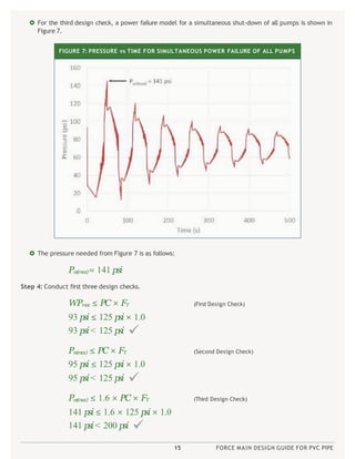 15 FORCE MAIN DESIGN GUIDE FOR PVC PIPE
FIGURE 7: PRESSURE vs TIME FOR SIMULTANEOUS POWER FAILURE OF ALL PUMPS
 For the third design check, a power failure model for a simultaneous shut-down of all pumps is shown in
Figure 7.
(First Design Check)
WPmax ≤ PC × FT
93 psi ≤ 125 psi × 1.0
93 psi < 125 psi 
(Second Design Check)
Prs(max) ≤ PC × FT
95 psi ≤ 125 psi × 1.0
95 psi < 125 psi 
(Third Design Check)
Pos(max) ≤ 1.6 × PC × FT
141 psi ≤ 1.6 × 125 psi × 1.0
141 psi < 200 psi 
 The pressure needed from Figure 7 is as follows:
Pos(max)= 141 psi
Step 4: Conduct first three design checks.
 