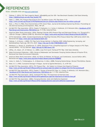 30 WWW.UNI-BELL.ORG
UNI-TR-6-21
REFERENCES
Note: clickable links are blue and underlined.
1. Folkman, S. (2014). PVC Pipe Longevity Report: Affordability and the 100+ Year Benchmark Standard. Utah State University.
https://digitalcommons.usu.edu/mae_facpub/170/
2. Fisher, C. (2004). PVC Pressure Pipe Endures Over Ten Million Cycles. PVC Pipe News. 9-19.
https://www.uni-bell.org/Portals/0/PVCPipeNewsArticles/pvc-pressure-pipe-endures-over-ten-million-cycles.pdf
3. Neal, L., Price, R. (1964). Flow Characteristics of PVC Sewer Pipes. Journal of the Sanitary Engineering Division, Proceedings of
the American Society of Civil Engineers. 90(3), 109-129.
4. Uni-Bell PVC Pipe Association. (2013). Chapter 9: Hydraulics. In J. Carleo, K. McKenzie, & R. Weinstein (Eds.), Handbook of PVC
Pipe Design and Construction, Fifth Edition (pp. 9.1-9.96). Industrial Press.
5. American Water Works Association. (2016). Polyvinyl Chloride (PVC) Pressure Pipe and Fabricated Fittings, 4 In. Through 60 In.
(100 mm Through 1,500mm) (C900-16). Retrieved from https://www.awwa.org/Store/Product-Details/productId/50937453
6. ASTM International. (2020). Standard Specification for Poly(Vinyl Chloride) (PVC) Pressure-Rated Pipe (SDR Series) (D2241-20).
Retrieved from https://www.astm.org/Standards/D2241.htm
7. Folkman, S., & Parvez, J. (2020). PVC Pipe Cyclic Design Method. In Pipelines 2020: Utility Engineering, Surveying, and
Multidisciplinary Topics (pp. 304-315). ASCE. https://doi.org/10.1061/9780784483213.034
8. Malekpour, A., Karney, B., & McPherson, D. (2018). Distortions From a Simplified Approach to Fatigue Analysis in PVC Pipes.
Journal AWWA, 110 (12), E60-E69. https://doi.org/10.1002/awwa.1163
9. Jeffrey, J.D., Moser, A.P., & Folkman, S.L. (2004). Long-Term Cyclic Testing of PVC Pipe. Utah State University.
10. Water Environment Federation. (1993). Design of Wastewater and Stormwater Pumping Stations (Manual of Practice FD-4).
Retrieved from Water Environment Federation.
11. American Water Works Association. (2016). Air Valves: Air-Release, Air/Vacuum, and Combination, Second Edition (M51).
Retrieved from https://www.awwa.org/Store/Product-Details/productId/58388502
12. Jones, G., Sanks, R., Tchobanoglous, G., & Bosserman, B. (Eds.). (2008). Pumping Station Design, Revised Third Edition. Elsevier.
13. Miner, M. A. (1945). Cumulative Damage in Fatigue. Journal of Applied Mechanics, 12, A159-164.
14. Uni-Bell PVC Pipe Association. (2013). PVC Pressure Pipe – Not Subject to Collapse from Negative Pressures.
https://www.uni-bell.org/Portals/0/ResourceFile/pvc-pressure-pipe-not-subject-to-collapse-from-fire-flow-pumping.pdf
15. Uni-Bell PVC Pipe Association. (2013). Chapter 7: Design of Buried PVC Pipe. In J. Carleo, K. McKenzie, & R. Weinstein (Eds.),
Handbook of PVC Pipe Design and Construction, Fifth Edition (pp. 7.1-7.55). Industrial Press.
16. Uni-Bell PVC Pipe Association. (2013). Gasketed PVC Pipe: The Importance of Insertion Lines.
https://www.uni-bell.org/Portals/0/ResourceFile/gasketed-pvc-pipe-the-importance-of-insertion-lines.pdf
17. Uni-Bell PVC Pipe Association. (2020). Changing Direction: Axial Joint Deflection Explained.
https://www.uni-bell.org/Portals/0/ResourceFile/changing-direction-axial-joint-deflection-explained.pdf
 