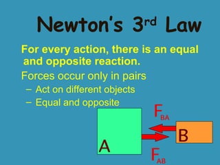 Newton’s 3

rd

Law

For every action, there is an equal
and opposite reaction.
Forces occur only in pairs
– Act on different objects
– Equal and opposite

 