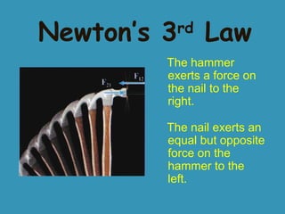 Newton’s 3

rd

Law

The hammer
exerts a force on
the nail to the
right.
The nail exerts an
equal but opposite
force on the
hammer to the
left.

 