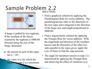 2 -
12
a) the tension in each of the ropes
for  = 45o,
b) the value of  for which the
tension in rope 2 is a minimum.
A barge is pulled by two tugboats.
If the resultant of the forces
exerted by the tugboats is 5000 lbf
directed along the axis of the
barge, determine
SOLUTION:
• Find a graphical solution by applying the
Parallelogram Rule for vector addition. The
parallelogram has sides in the directions of
the two ropes and a diagonal in the direction
of the barge axis and length proportional to
5000 lbf.
• The angle for minimum tension in rope 2 is
determined by applying the Triangle Rule
and observing the effect of variations in .
• Find a trigonometric solution by applying
the Triangle Rule for vector addition. With
the magnitude and direction of the resultant
known and the directions of the other two
sides parallel to the ropes given, apply the
Law of Sines to find the rope tensions.
 