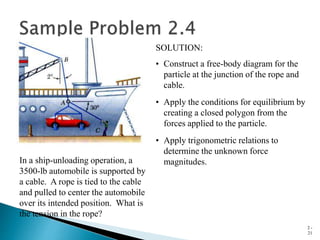 2 -
21
In a ship-unloading operation, a
3500-lb automobile is supported by
a cable. A rope is tied to the cable
and pulled to center the automobile
over its intended position. What is
the tension in the rope?
SOLUTION:
• Construct a free-body diagram for the
particle at the junction of the rope and
cable.
• Apply the conditions for equilibrium by
creating a closed polygon from the
forces applied to the particle.
• Apply trigonometric relations to
determine the unknown force
magnitudes.
 