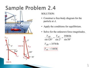2 -
22
SOLUTION:
• Construct a free-body diagram for the
particle at A.
• Apply the conditions for equilibrium.
• Solve for the unknown force magnitudes.




 58
sin
lb
3500
2
sin
120
sin
AC
AB T
T
lb
3570

AB
T
lb
144

AC
T
 