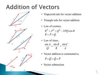 2 -
6
• Trapezoid rule for vector addition
• Triangle rule for vector addition
B
B
C
C
Q
P
R
B
PQ
Q
P
R







 cos
2
2
2
2
• Law of cosines,
• Law of sines,
A
C
R
B
Q
A sin
sin
sin


• Vector addition is commutative,
P
Q
Q
P







• Vector subtraction
 