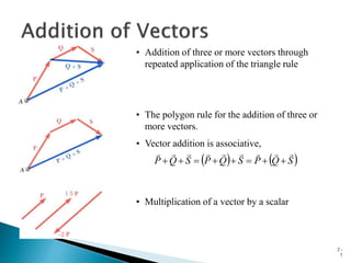 2 -
7
• Addition of three or more vectors through
repeated application of the triangle rule
• The polygon rule for the addition of three or
more vectors.
• Vector addition is associative,
   
S
Q
P
S
Q
P
S
Q
P

















• Multiplication of a vector by a scalar
 