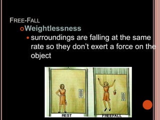 FREE-FALL
Weightlessness
 surroundings are falling at the same
rate so they don’t exert a force on the
object
 