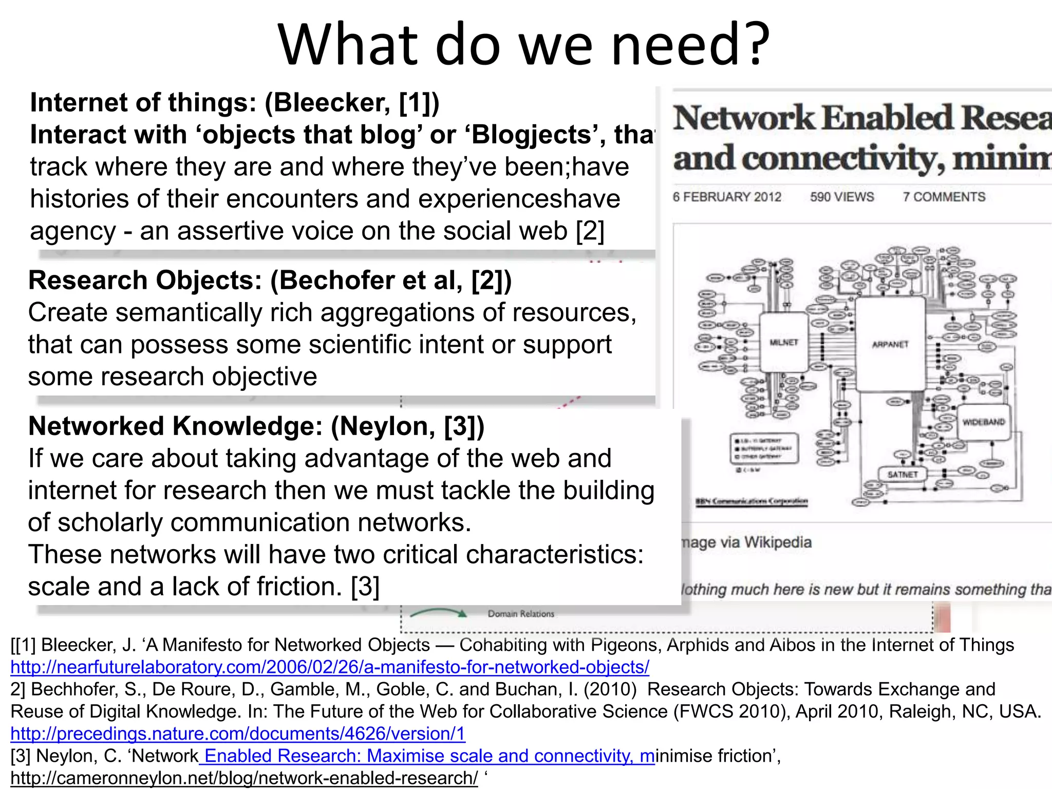 19
What do we need?
[[1] Bleecker, J. ‘A Manifesto for Networked Objects — Cohabiting with Pigeons, Arphids and Aibos in the Internet of Things
http://nearfuturelaboratory.com/2006/02/26/a-manifesto-for-networked-objects/
2] Bechhofer, S., De Roure, D., Gamble, M., Goble, C. and Buchan, I. (2010) Research Objects: Towards Exchange and
Reuse of Digital Knowledge. In: The Future of the Web for Collaborative Science (FWCS 2010), April 2010, Raleigh, NC, USA.
http://precedings.nature.com/documents/4626/version/1
[3] Neylon, C. ‘Network Enabled Research: Maximise scale and connectivity, minimise friction’,
http://cameronneylon.net/blog/network-enabled-research/ ‘
Internet of things: (Bleecker, [1])
Interact with ‘objects that blog’ or ‘Blogjects’, that:
track where they are and where they’ve been;have
histories of their encounters and experienceshave
agency - an assertive voice on the social web [2]
Research Objects: (Bechofer et al, [2])
Create semantically rich aggregations of resources,
that can possess some scientific intent or support
some research objective
Networked Knowledge: (Neylon, [3])
If we care about taking advantage of the web and
internet for research then we must tackle the building
of scholarly communication networks.
These networks will have two critical characteristics:
scale and a lack of friction. [3]
 
