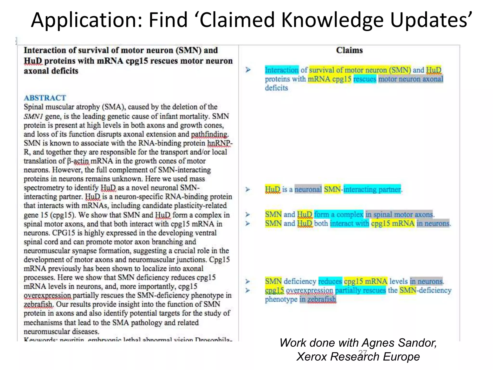 27
Application: Find ‘Claimed Knowledge Updates’
Work done with Agnes Sandor,
Xerox Research Europe
 