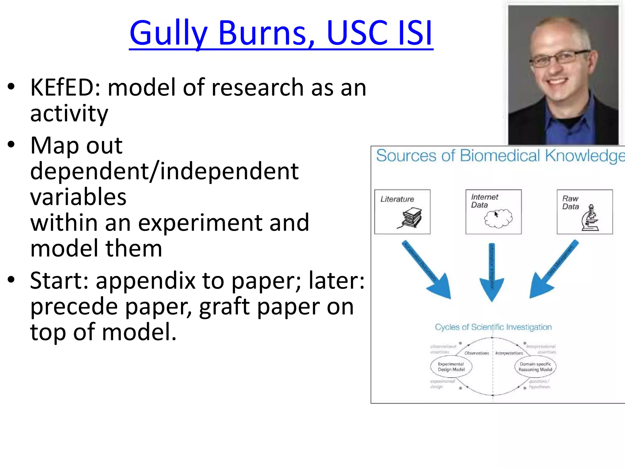 Gully Burns, USC ISI
• KEfED: model of research as an
activity
• Map out
dependent/independent
variables
within an experiment and
model them
• Start: appendix to paper; later:
precede paper, graft paper on
top of model.
 