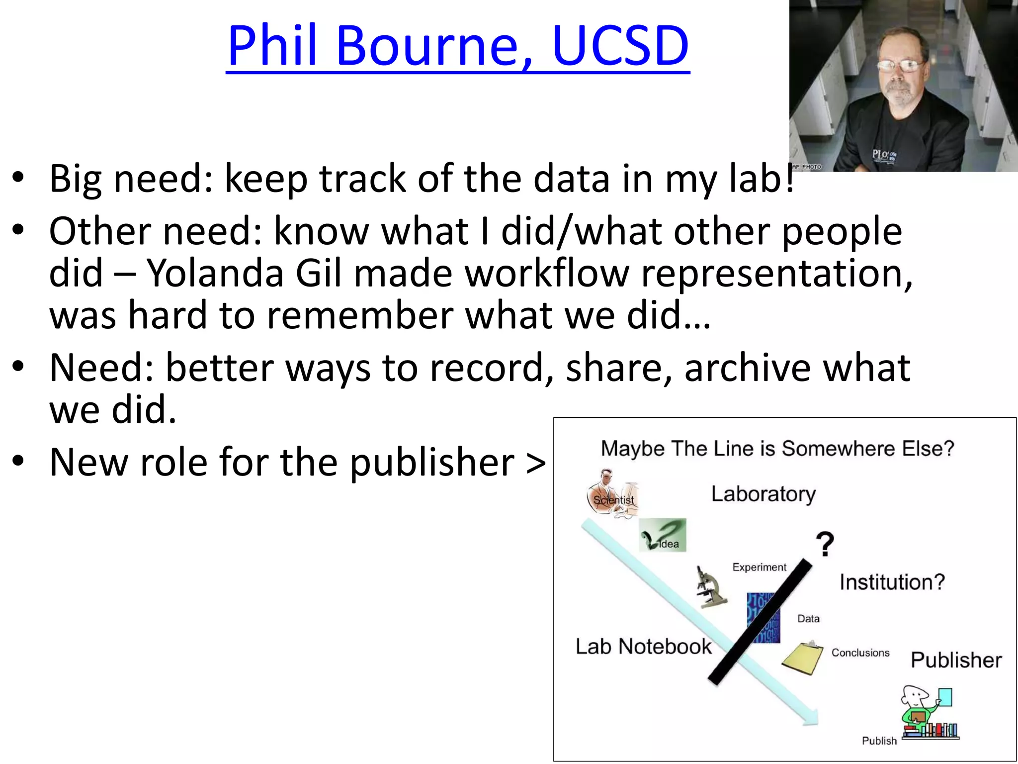 Phil Bourne, UCSD
• Big need: keep track of the data in my lab!
• Other need: know what I did/what other people
did – Yolanda Gil made workflow representation,
was hard to remember what we did…
• Need: better ways to record, share, archive what
we did.
• New role for the publisher >
 
